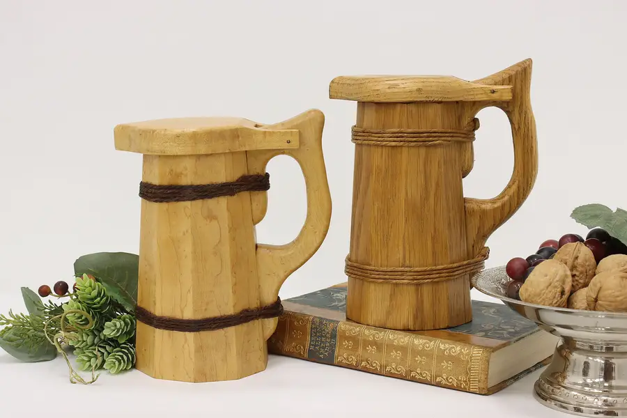 Photo of Pair of Farmhouse Vintage Maple Oak Beer Steins Tankards HV