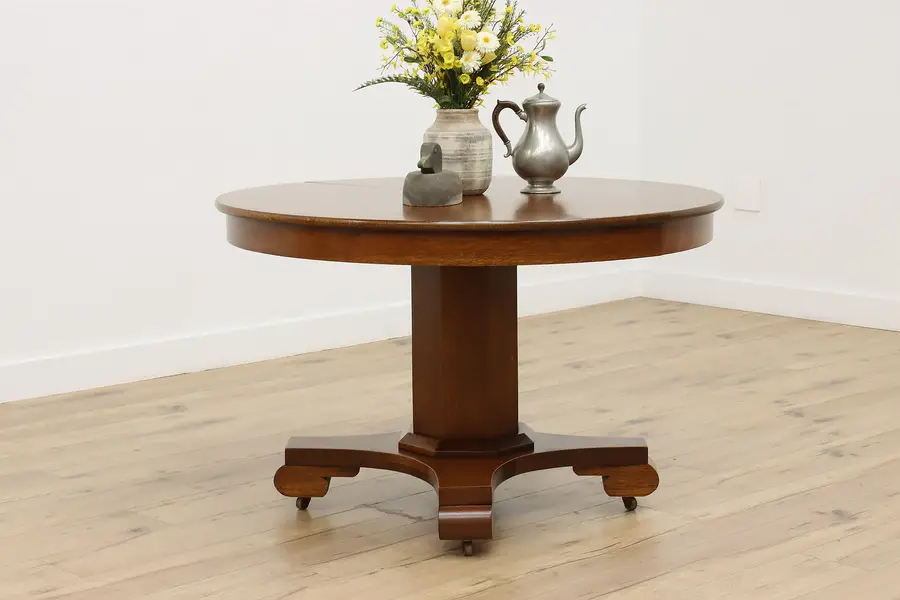 Photo of Round 47" Oak Empire Antique Dining Table 3 Leaves Opens 9'
