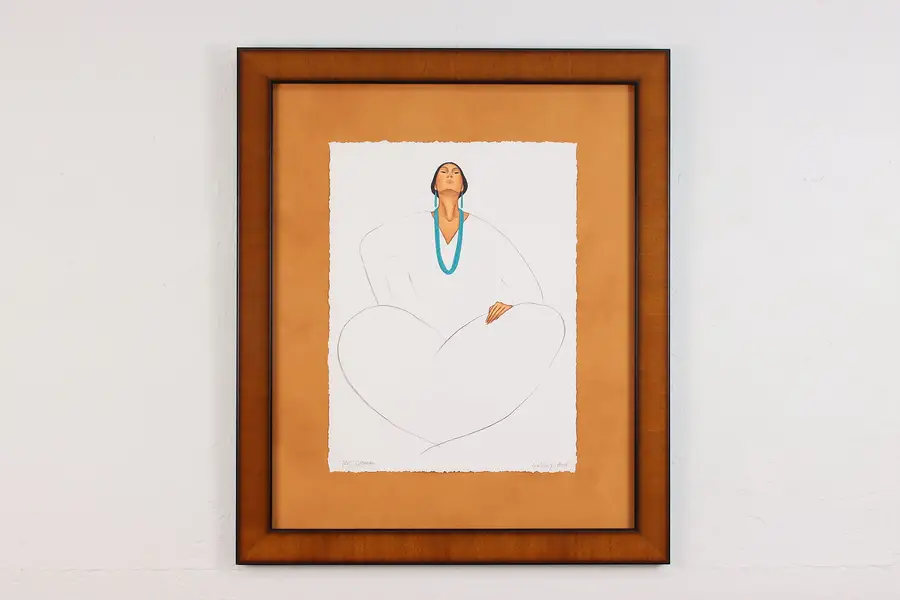 Photo of Native American Woman Vintage Original Drawing Signed 23.5"