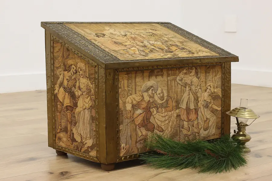 Photo of Brass & Tapestry Belgian Antique Fireplace Chest or Boot Box