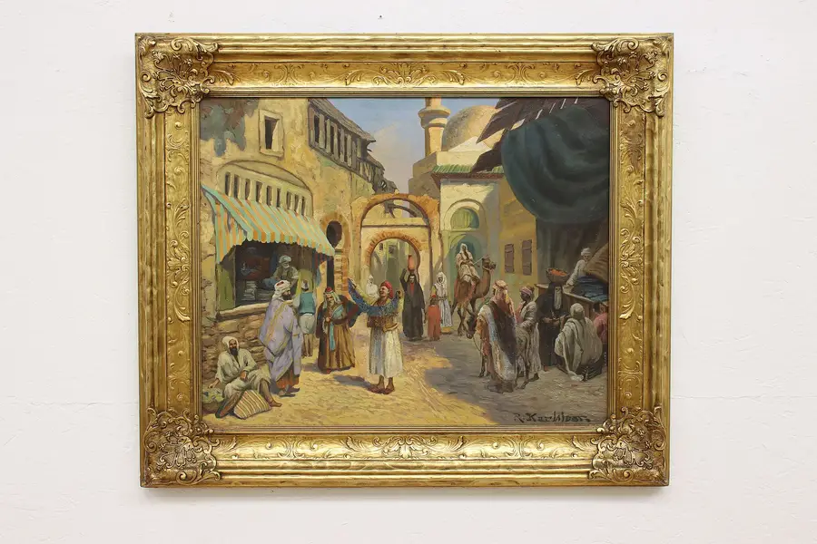 Photo of Tunis Market Antique Original Oil Painting, Karlivan 34"