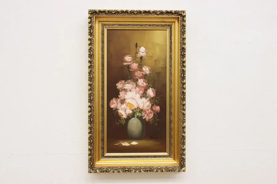 Photo of Roses Still Life Vintage Original Oil Painting Signed 30.5"