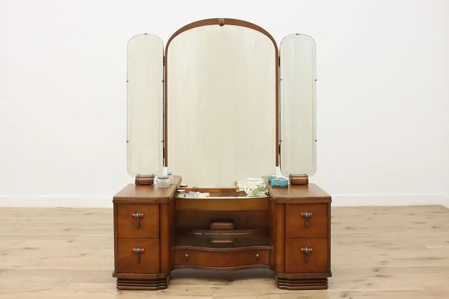 Photo of Art Deco Vintage Walnut Triple Mirror Dressing Table Vanity