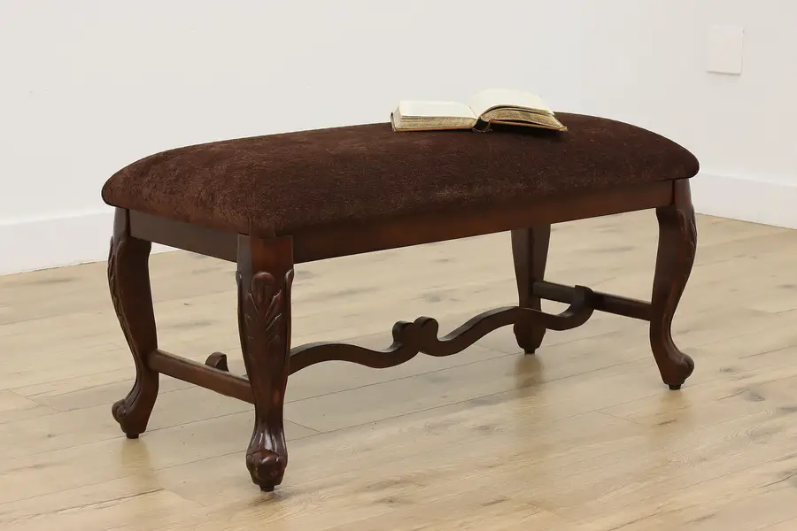 Photo of Traditional Carved Mahogany Bench New Upholstery, Tong