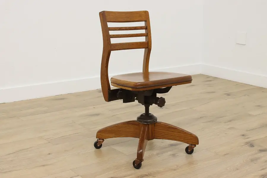 Photo of Oak Antique Adjustable Office or Library Swivel Desk Chair