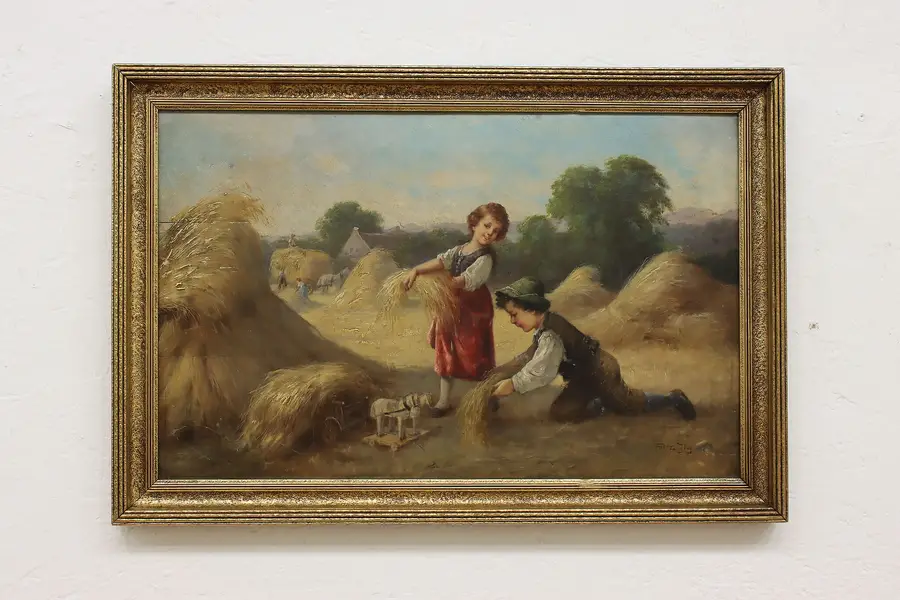Photo of Haystack Children Antique Original Oil Painting, Fig 24.5"