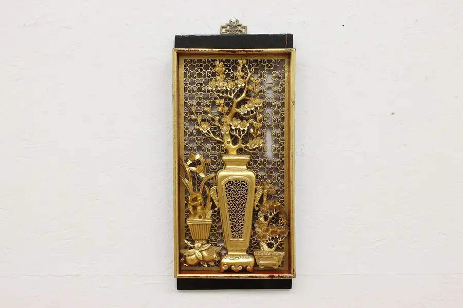 Photo of Chinese Vintage Gilt Temple Plaque, Carved Blossoms
