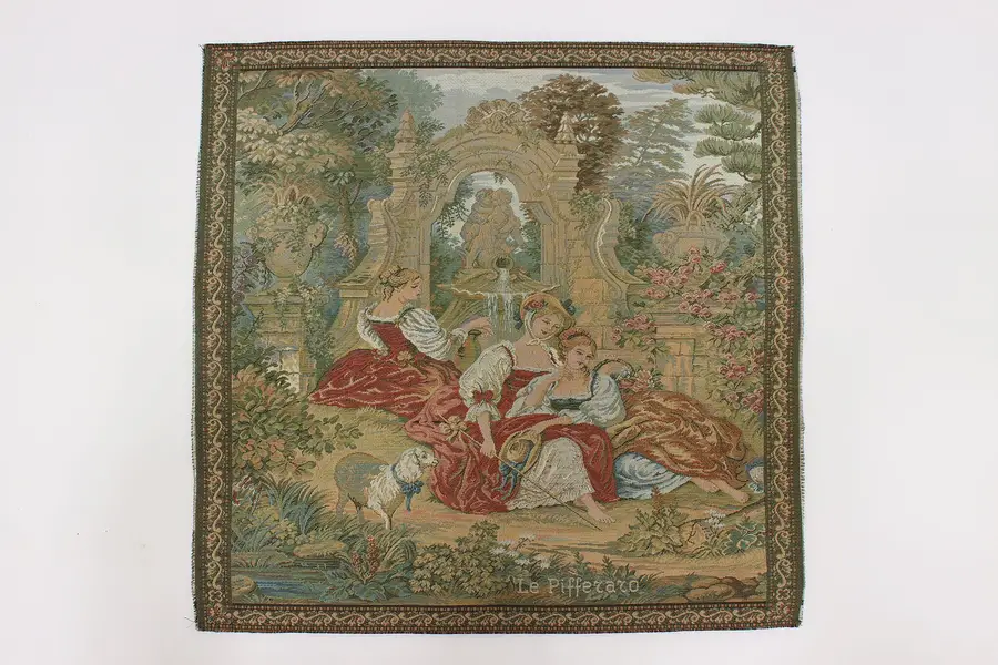 Photo of Women in Garden Vintage Woven Pillow Tapestry 18"
