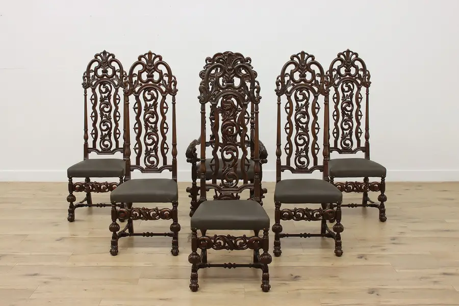 Photo of Set of 6 English Tudor Antique Walnut, Leather Dining Chairs