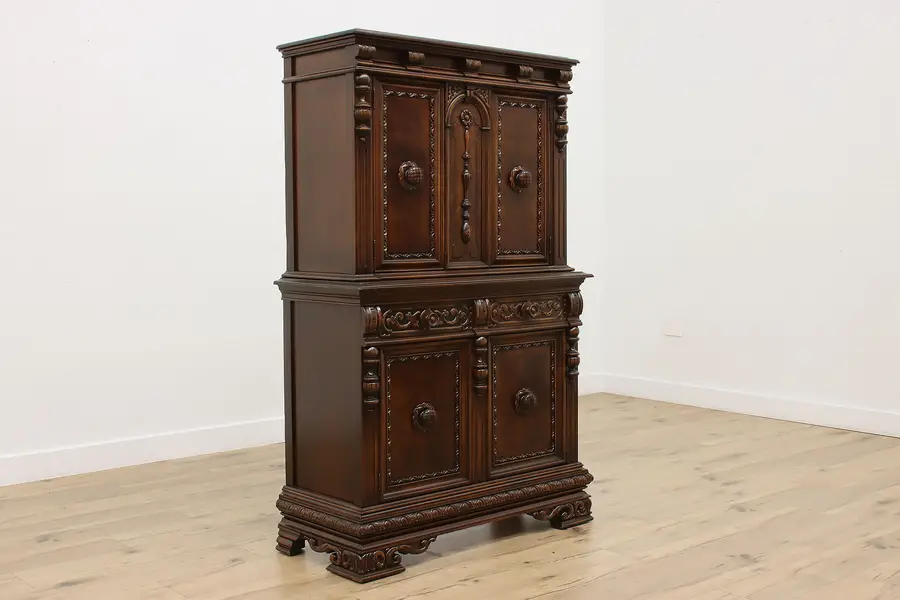 Photo of English Tudor Antique Carved Walnut China or Bar Cabinet