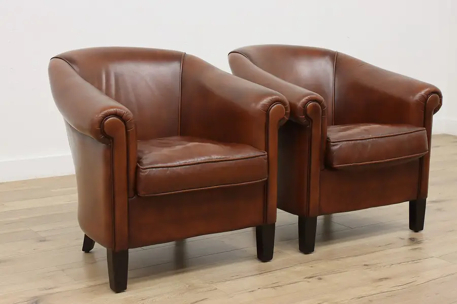 Photo of Pair of Art Deco Danish Vintage Leather Club Library Chairs