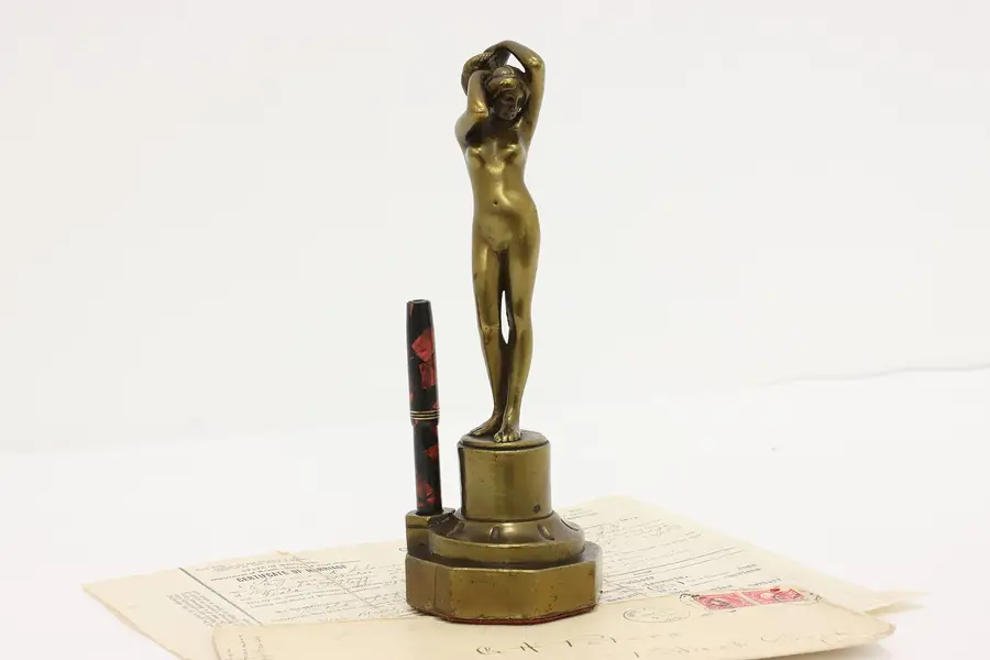 Photo of Art Deco Antique Nude Bronze Finish Sculpture & Pen Holder