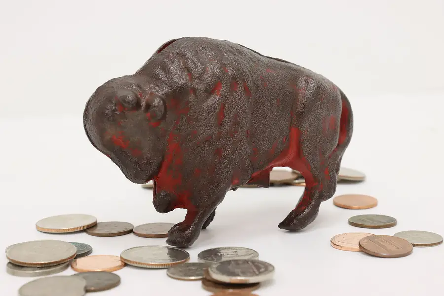 Photo of Farmhouse Antique Painted Cast Iron Buffalo Coin Bank