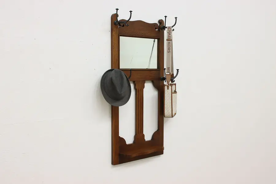 Photo of Craftsman Antique Mission Oak Coat & Hat Wall Rack, Mirror