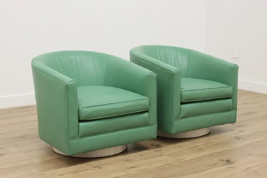 Photo of Pair of Swivel Mint Leather Vintage Midcentury Modern Chairs