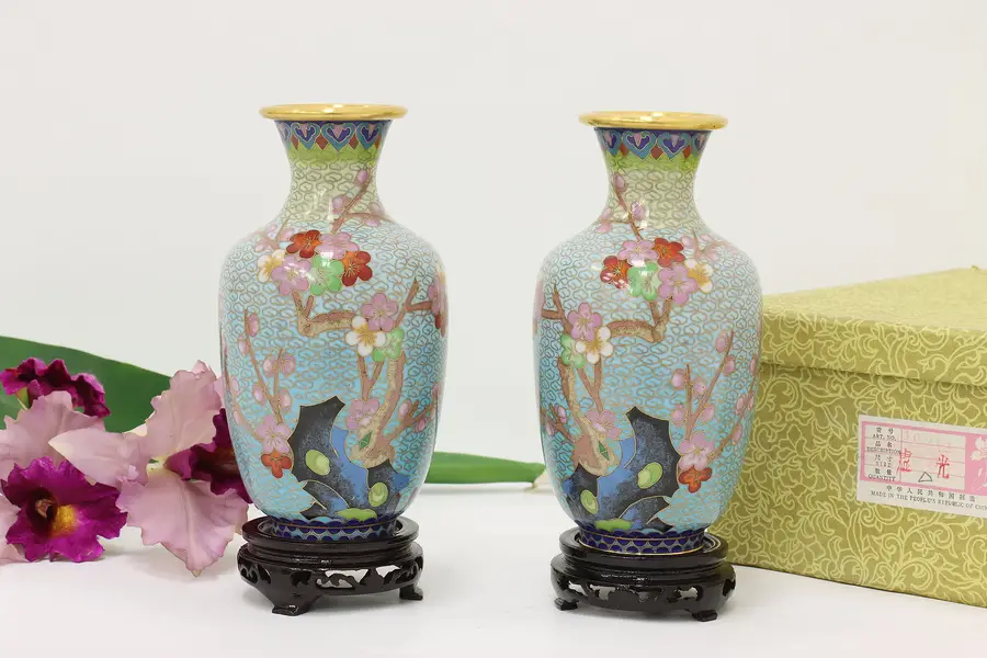 Photo of Pair of Vintage Chinese Cloisonne Enamel Vases, Bases & Box