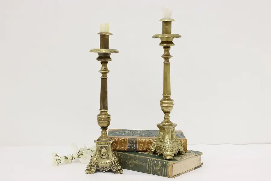 Photo of Pair Antique Brass Holy Family Altar Candlesticks