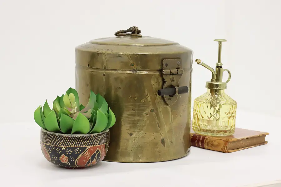 Photo of Persian Antique Hammered Brass Rice Container or Jar