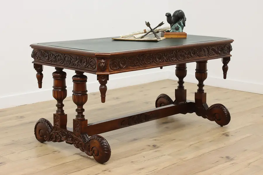 Photo of Renaissance Vintage Carved Library Table Desk, Leather Top