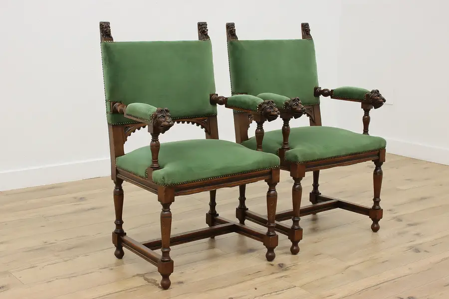 Photo of Pair of Tudor Antique Oak & Velvet Hall Chairs Carved Lions