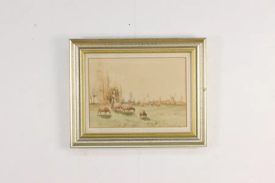 Photo of Flock of Sheep Antique Watercolor Painting Campbell 19.5"