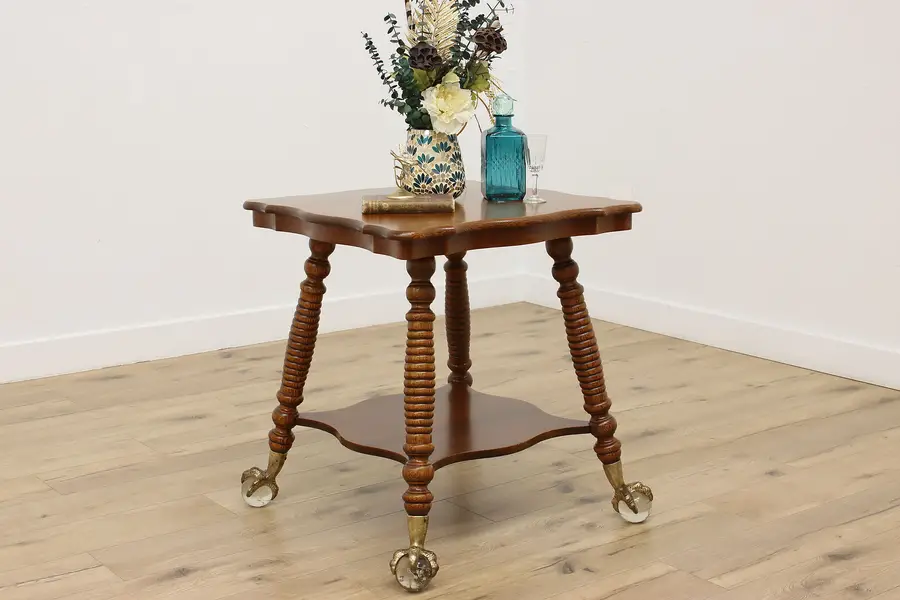 Photo of Victorian Antique Carved Oak Lamp Table, Giant Glass Feet