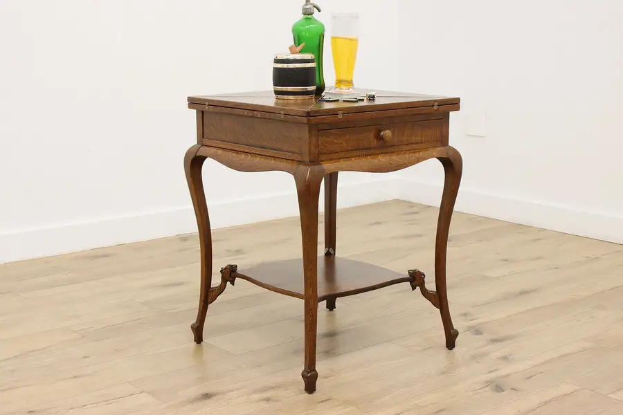 Photo of Victorian Antique Oak & Leather Handkerchief Flip Game Table