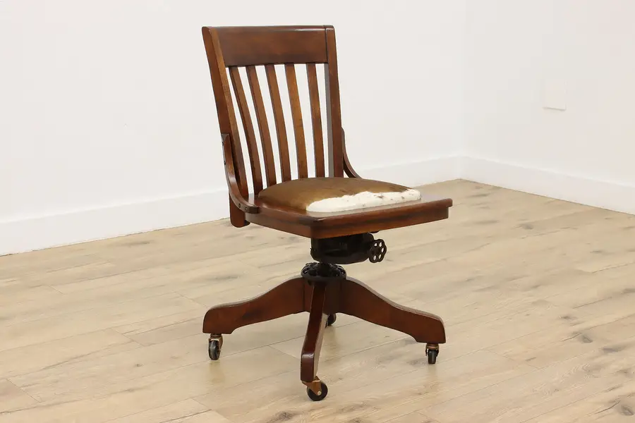 Photo of Walnut Antique Swivel Desk Chair Cowhide Seat Milwaukee