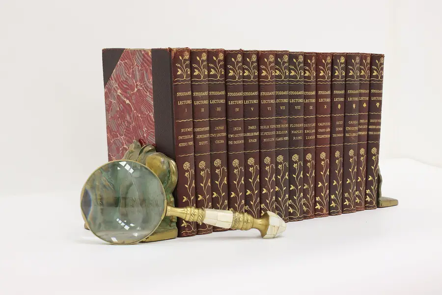Photo of Set of 14 Antique Leather & Gold Stoddard's Lectures Books