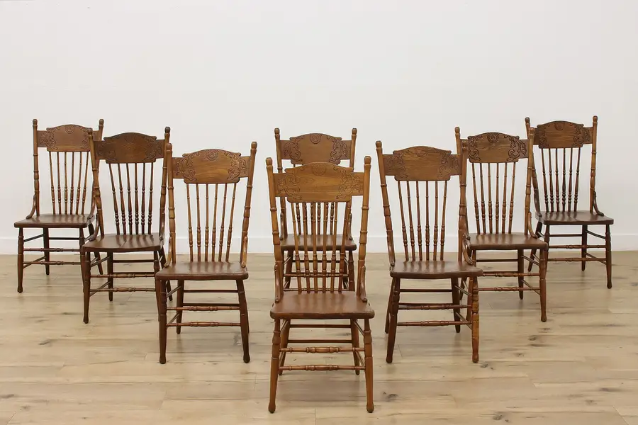 Photo of Set of 8 Farmhouse Antique Pressback Carved Dining Chairs