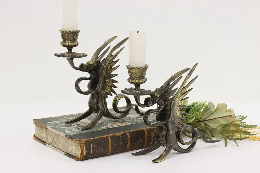 Photo of Pair of Vintage Gothic Patinated Brass Griffin Candleholders