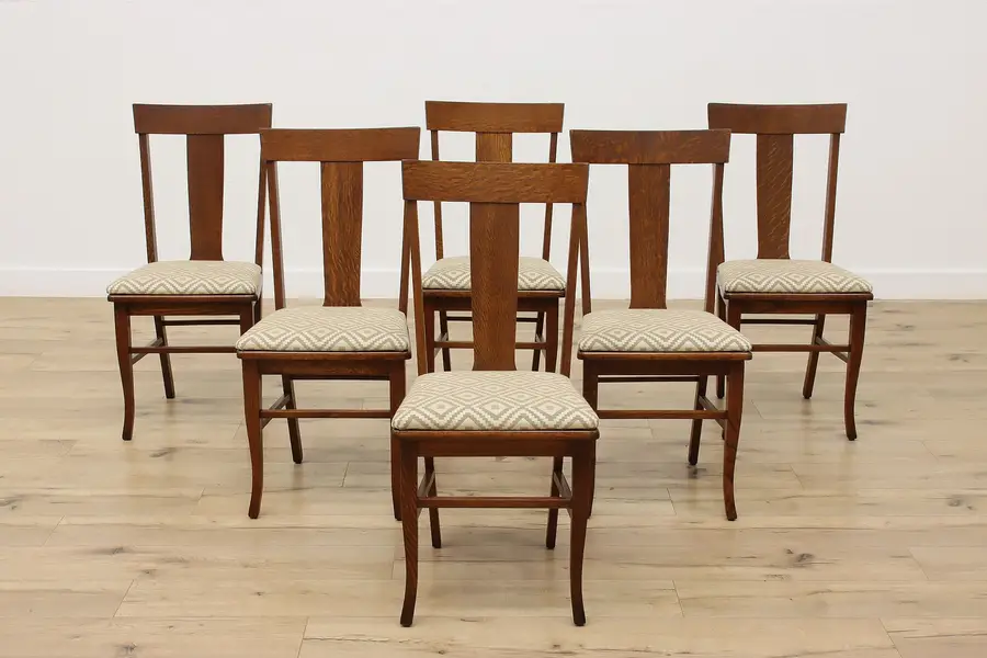 Photo of Set of 6 Craftsman Antique Oak Dining Game Chairs New Fabric