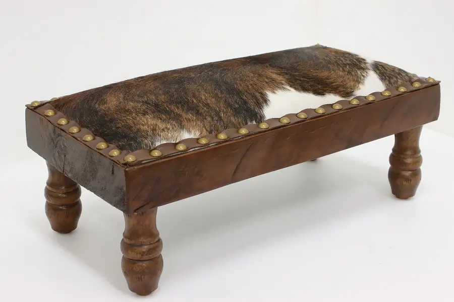 Photo of Farmhouse Antique Walnut Foot Stool Cowhide Upholstery