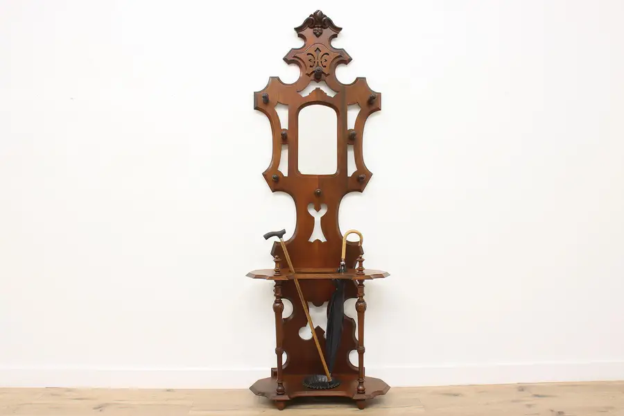 Photo of Victorian Antique Carved Walnut Coat & Umbrella Hall Stand