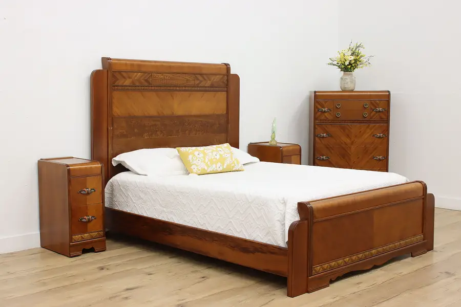 Photo of Art Deco Vintage Waterfall Mahogany 4 Pc Queen Bedroom Set