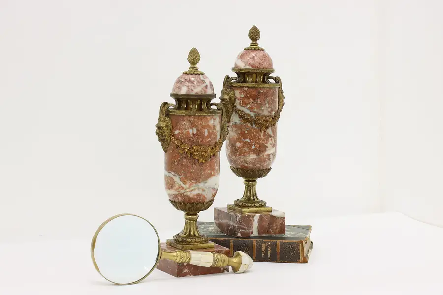 Photo of Pair of French Antique Bronze & Rouge Marble Mantel Urns
