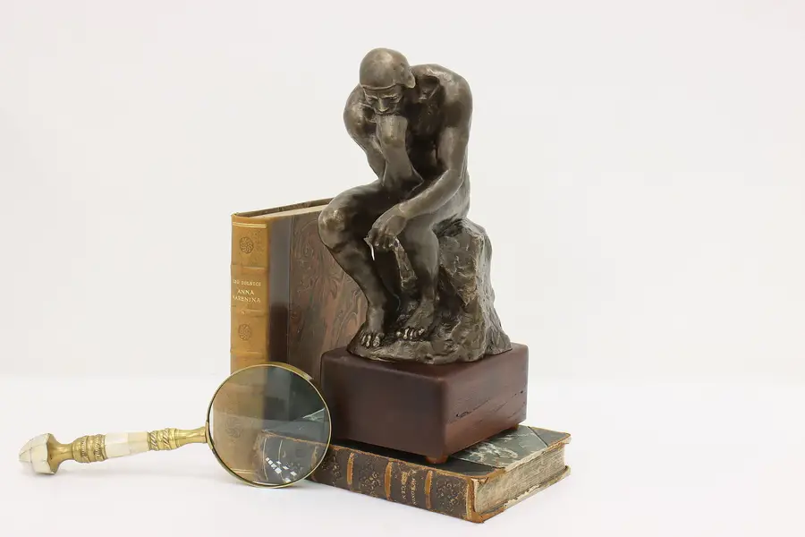 Photo of The Thinker Vintage Bronze Sculpture after Rodin, Alva