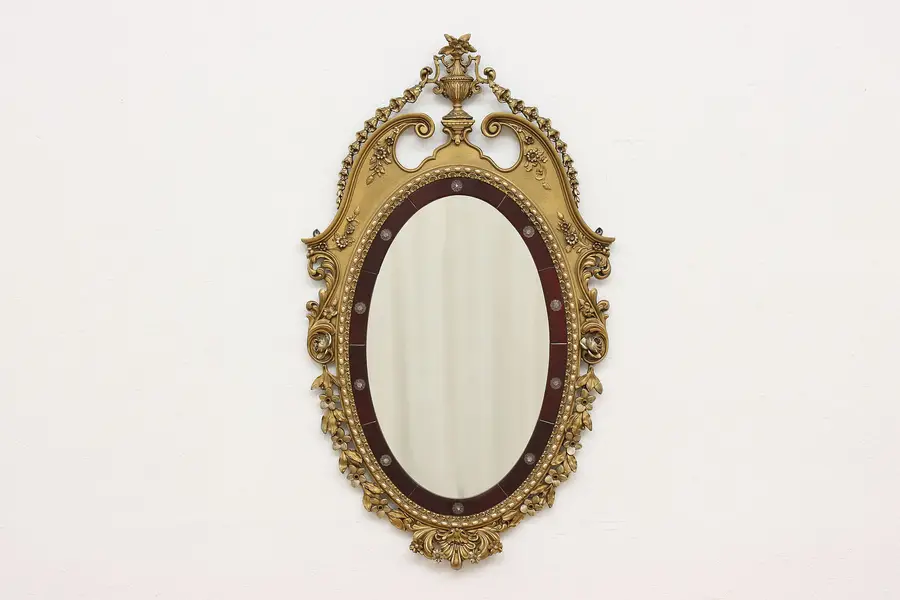 Photo of French Vintage Carved Wall Mirror Ruby Glass, Flowers