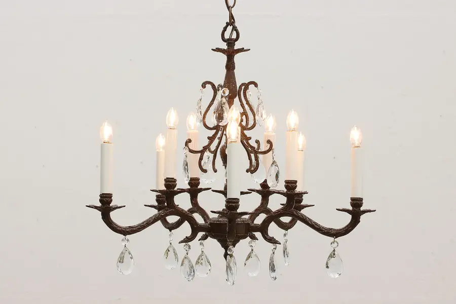 Photo of French Vintage Dark Brass & Crystal Prisms Chandelier