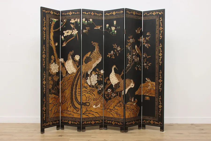 Photo of Chinese Vintage 8' Coromandel Lacquer Screen, Peacocks