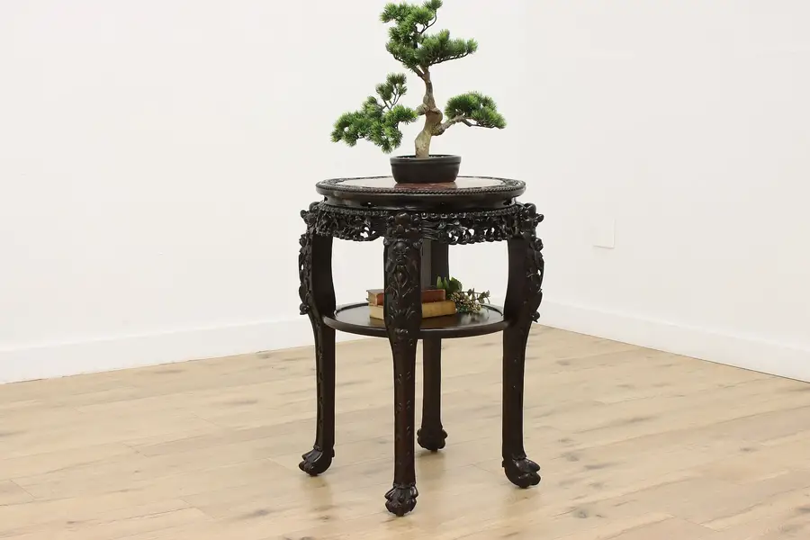 Photo of Chinese Antique Carved Rosewood Pedestal Stand, Marble Top