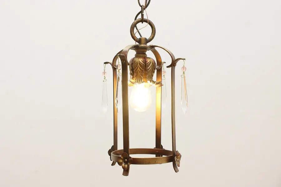 Photo of Hall Antique Gilt Iron Chandelier, Crystal Prisms