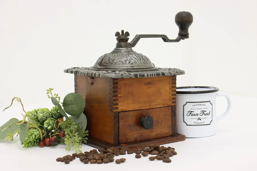 Photo of Farmhouse Antique Mahogany & Iron Coffee Mill Grinder, Logan