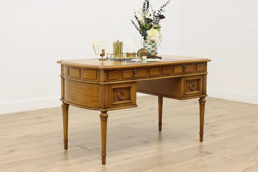 Photo of Vintage Walnut Office Library Desk Drexel Leather Top