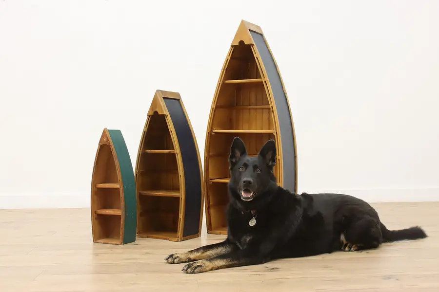 Photo of Set of 3 Farmhouse Vintage Painted Pine Display Boat Shelves