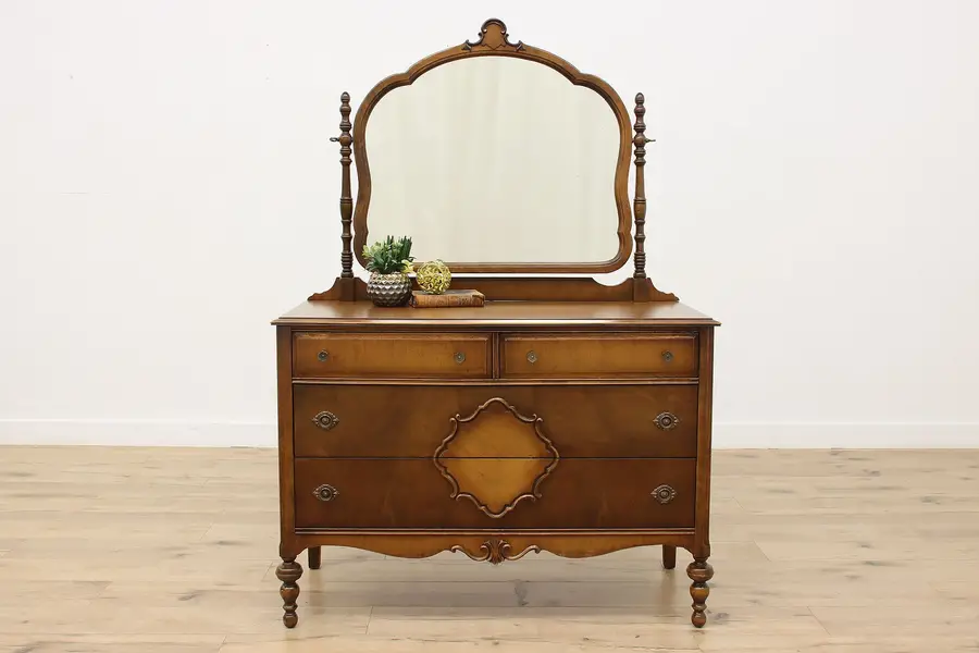 Photo of Tudor Vintage Carved Walnut Dresser or Chest, Swivel Mirror
