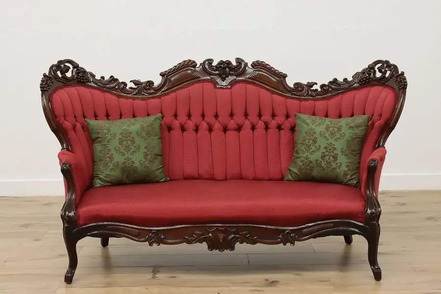 Photo of Victorian Antique Upholstered & Carved Walnut Sofa or Couch