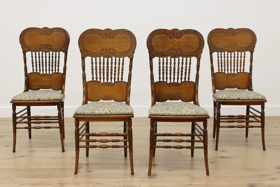 Photo of Set of 4 Victorian Antique Oak Pressback Dining Game Chairs