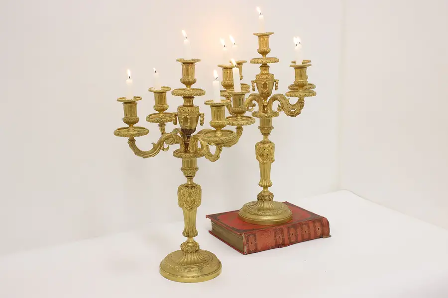 Photo of Pair of Vintage French Gilt Bronze 5 Light Candelabras