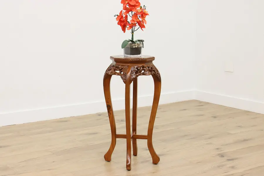 Photo of Chinese Vintage Carved Mahogany Plant Stand, Marble Top